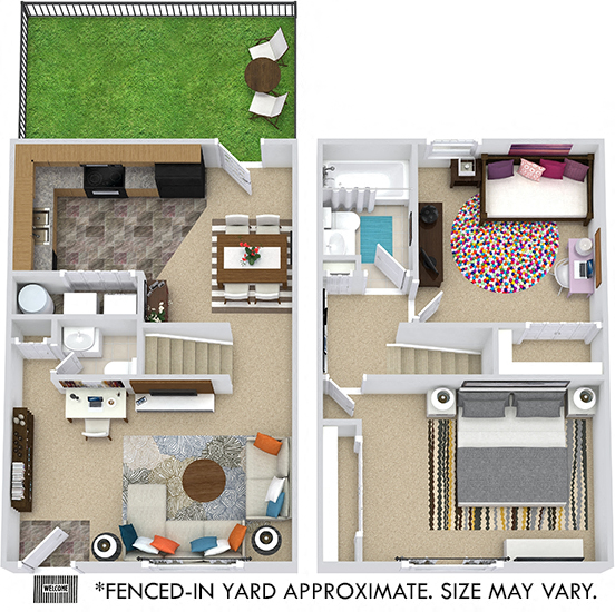 Floor plan for 2 beds, 1.5 baths, 936 sqft